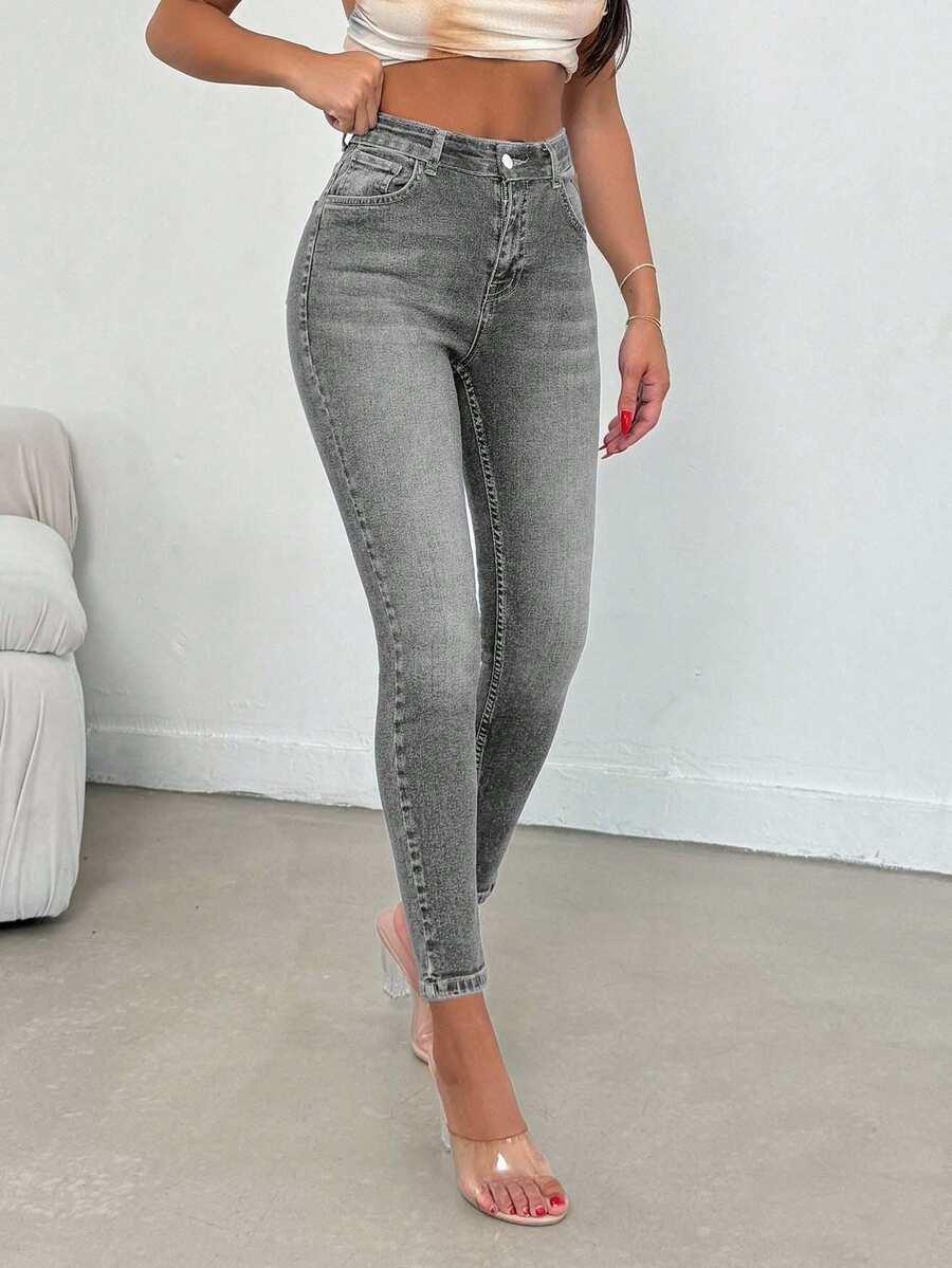szare SPODNIE JEANS WYSOKI STAN 