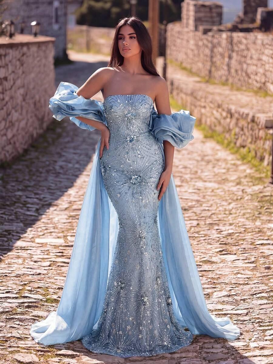 NIEBIESKA MAXI SUKIENKA z trenem na ramiona