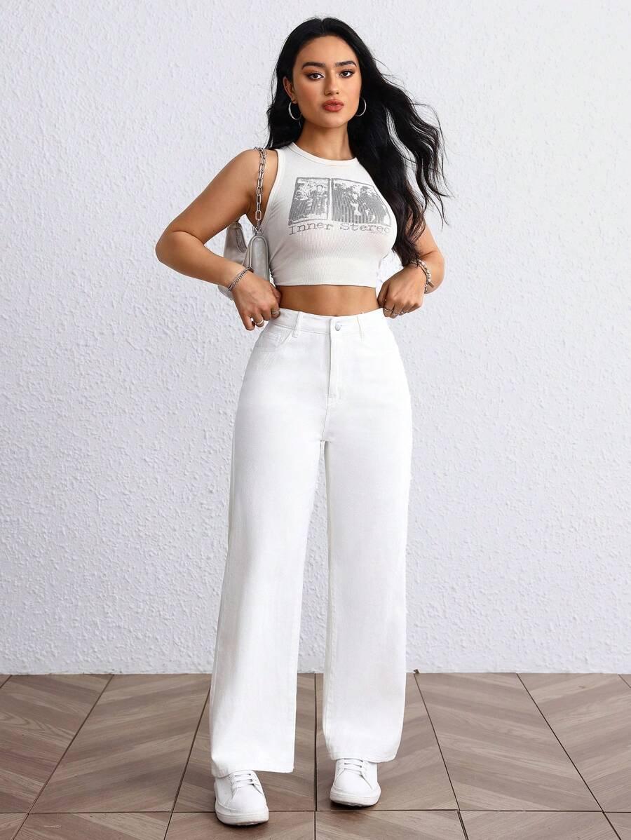 BIAŁE PROSTE SPODNIE JEANS WYSOKI STAN