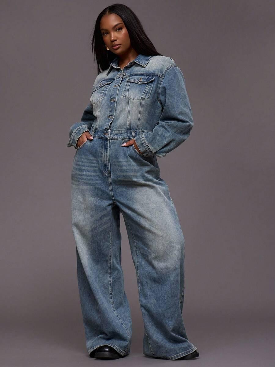 NIEBIESKI KOMBINEZON JEANS KOŁNIERZYK 