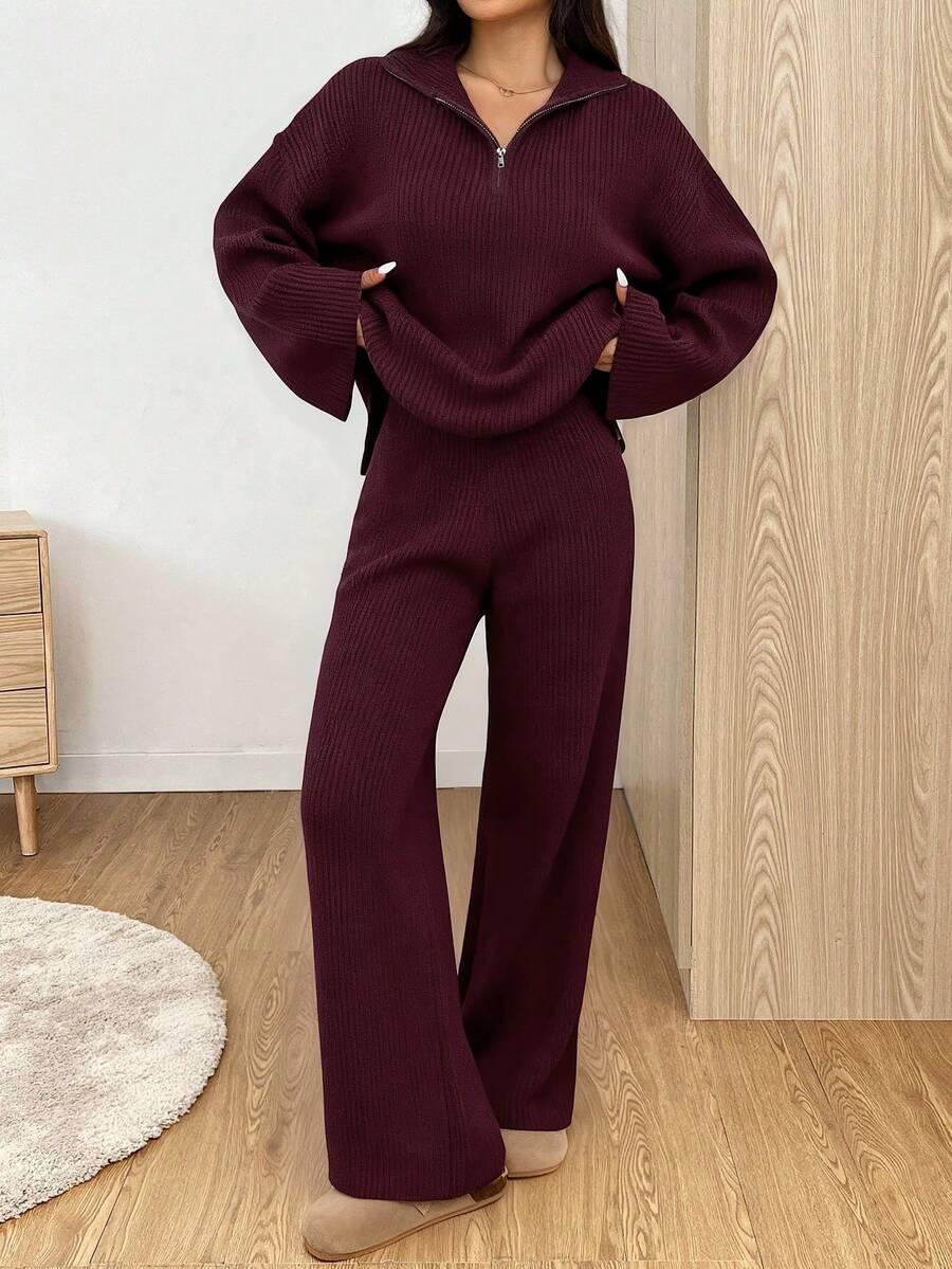 fioletowy komplet sweter spodnie 