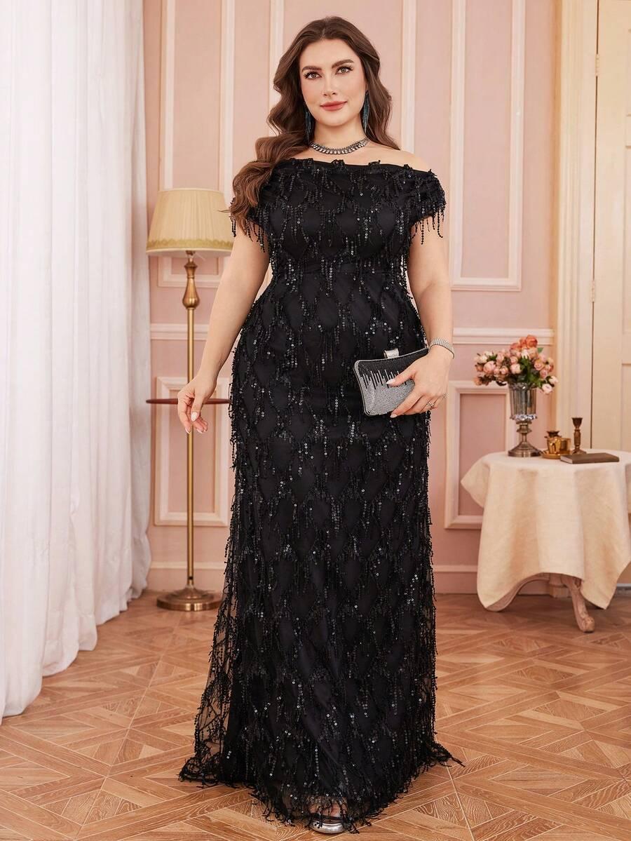 czarna sukienka maxi cekiny frędzle