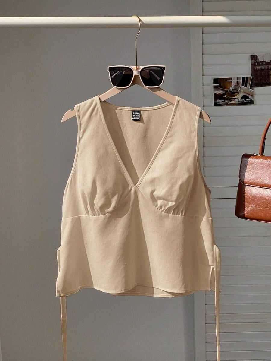 BEŻOWY TOP BEZ RĘKAWÓW v-neck