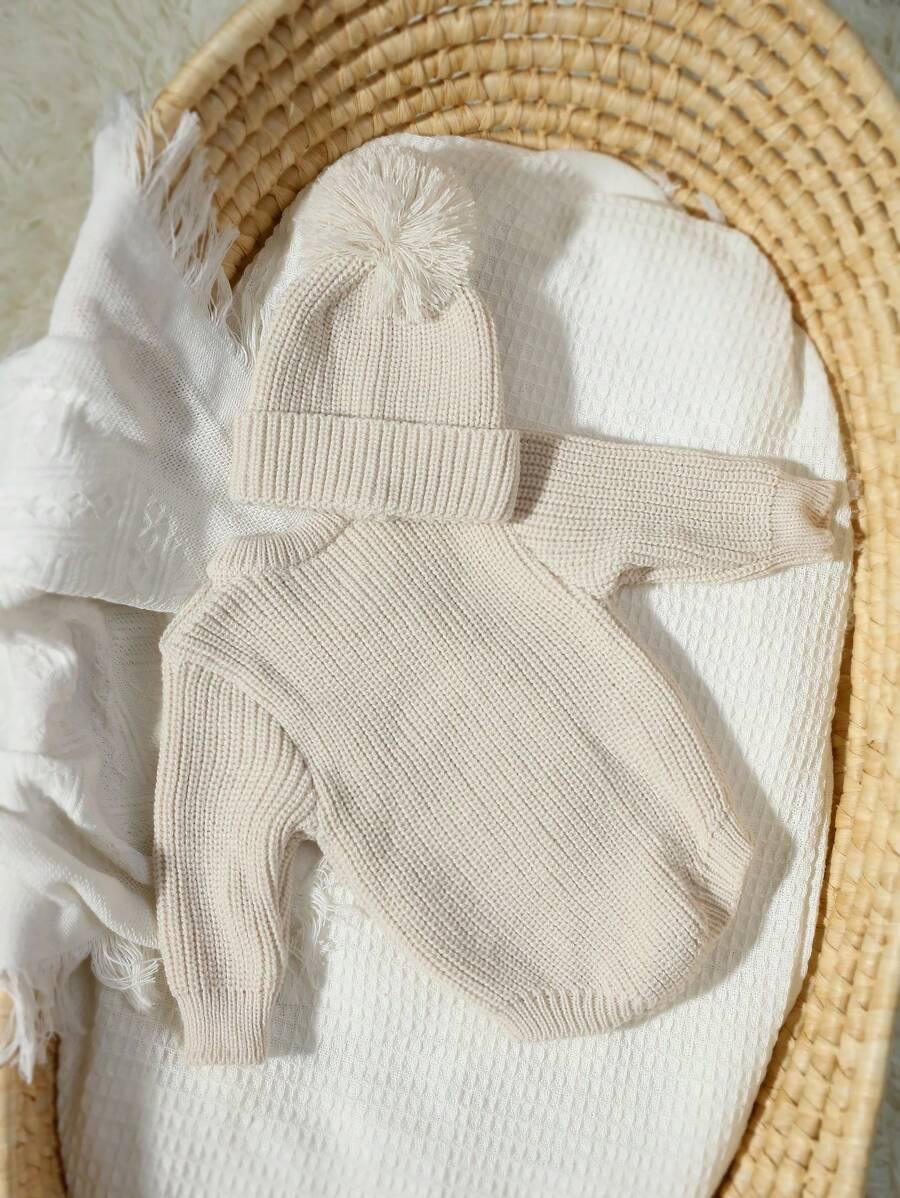 BEŻOWY DZIANINOWY KOMPLET CZAPKA BODY