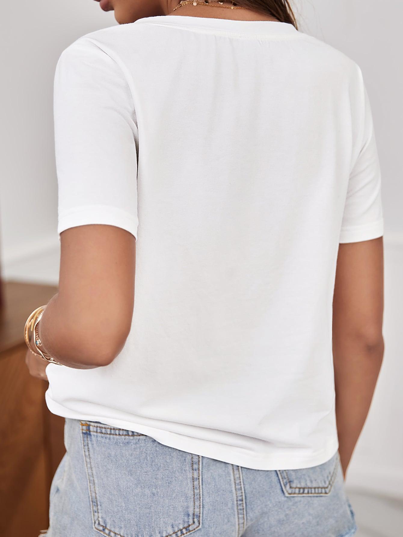 biały klasyczny t-shirt napis haft l'amour v-neck