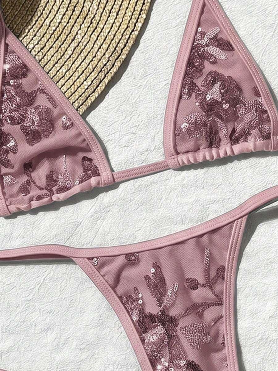 różowy komplet bikini stringi cekiny