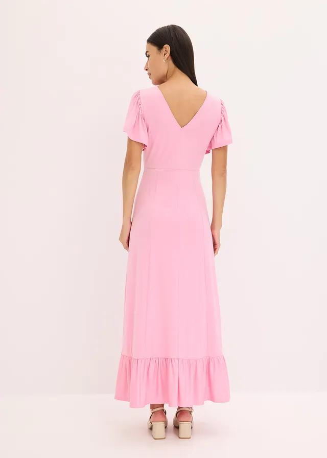 RÓŻOWA MAXI SUKIENKA V NECK SPLOT 