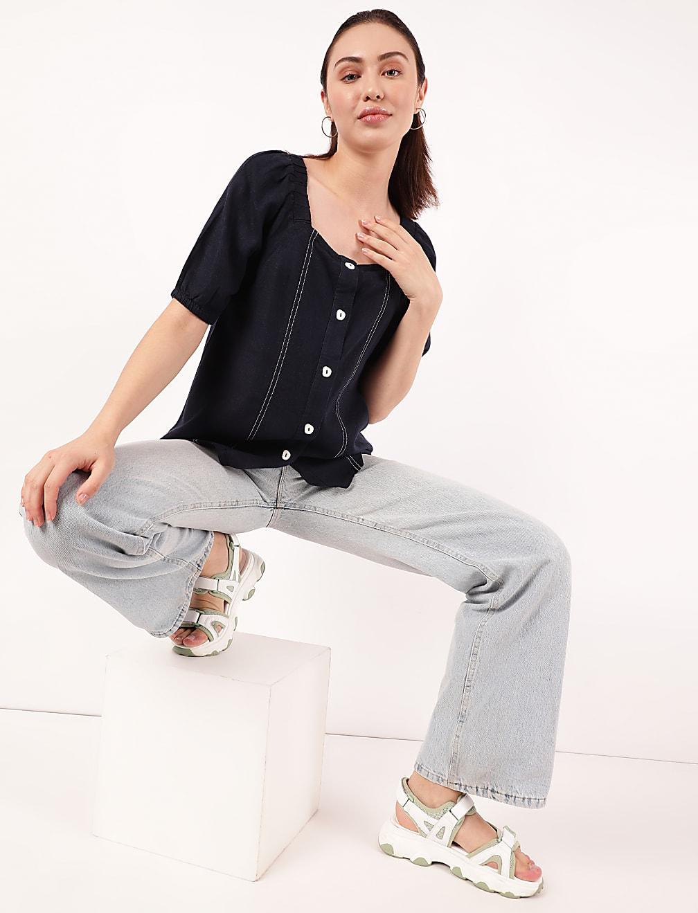 CZARNA LNIANA BLUZKA T52-2100K-F0