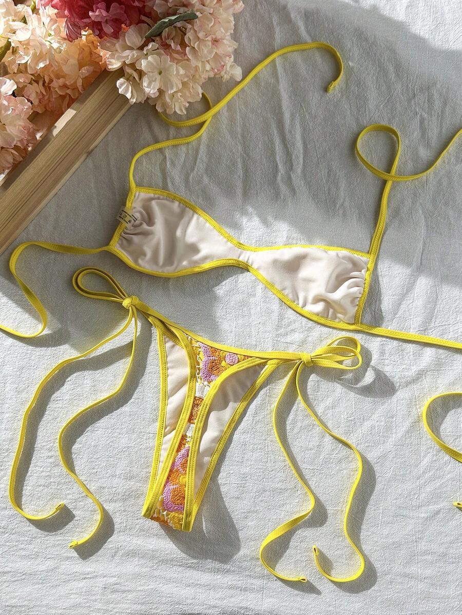 DWUCZĘŚCIOWY STRÓJ KĄPIELOWY HAFT KWIATY