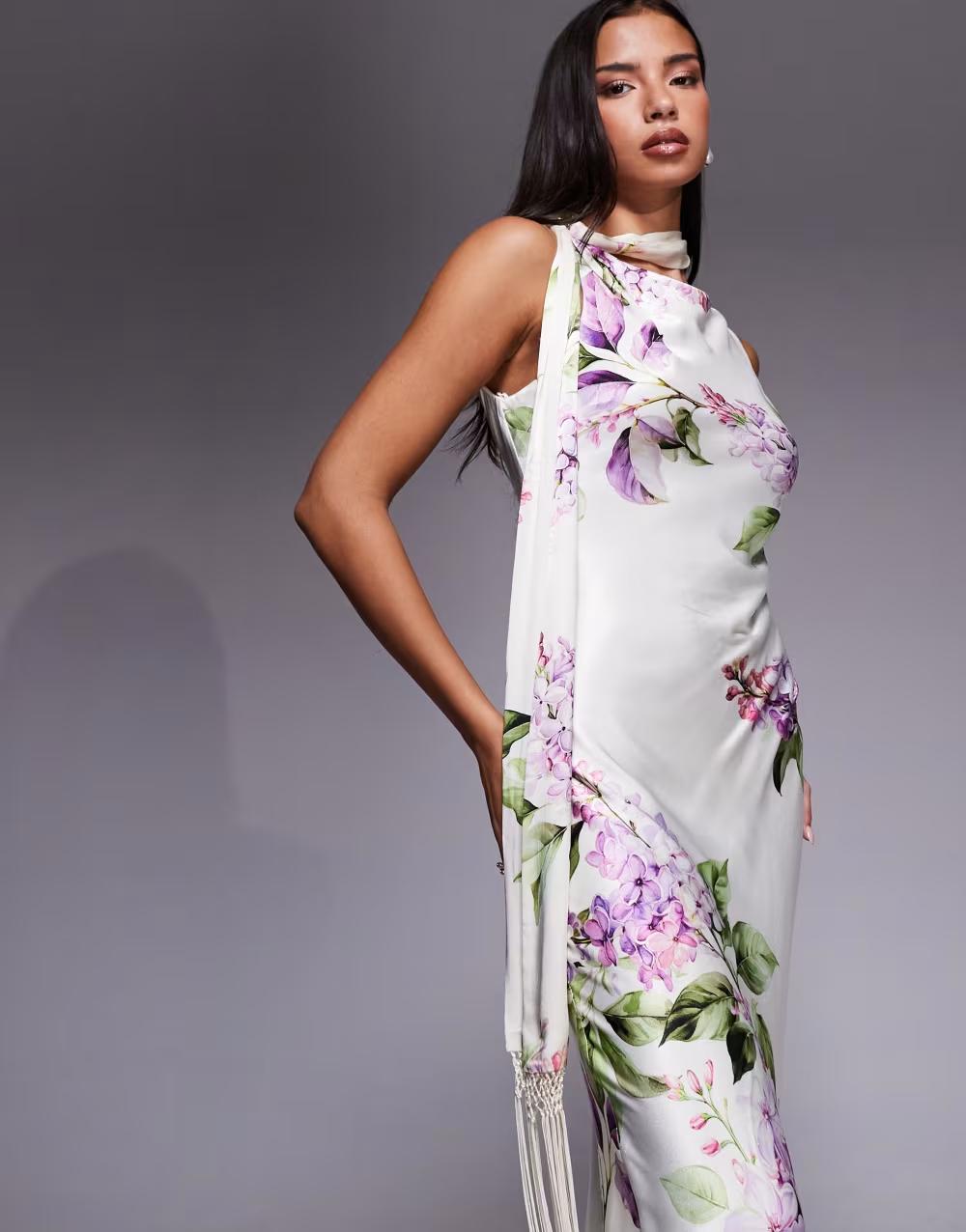 satynowa maxi sukienka w kwiaty