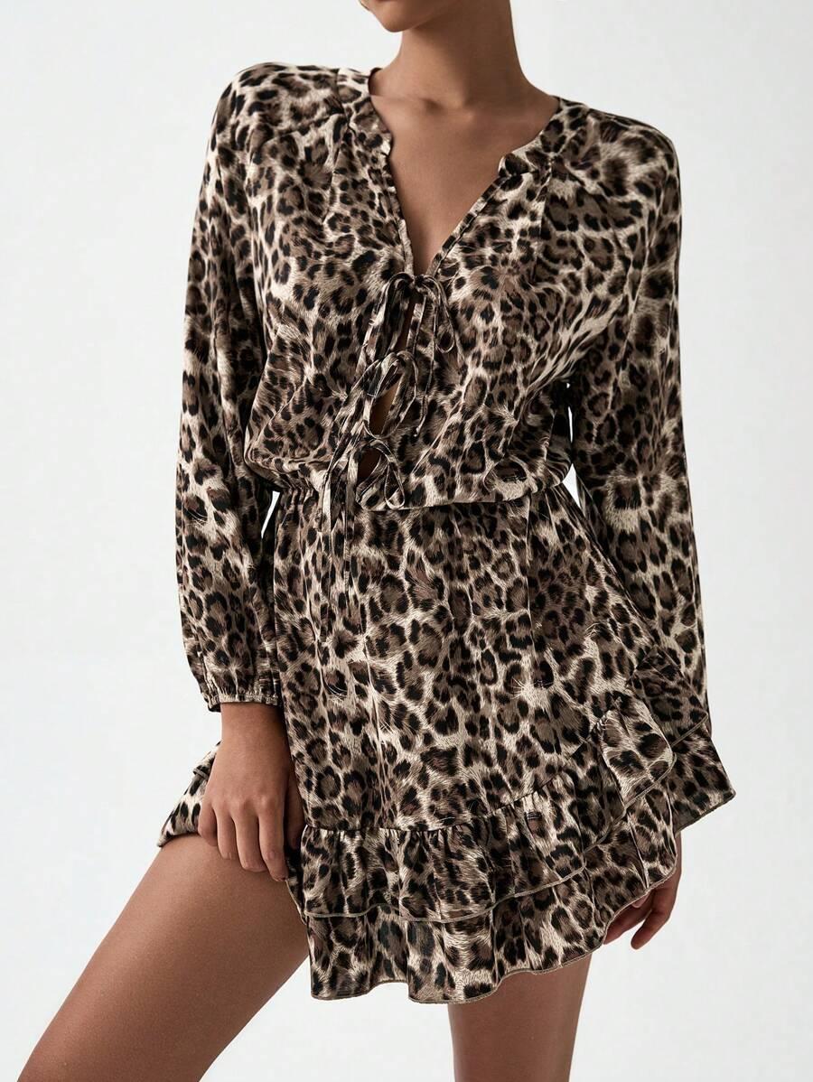 mini sukienka długi rękaw animal print wiązanie 