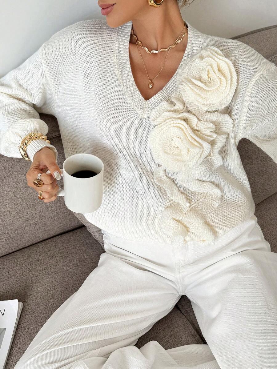 KREMOWY SWETER V NECK 