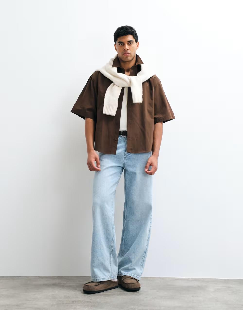 brązowa koszula z krótkim rękawem guziki oversize