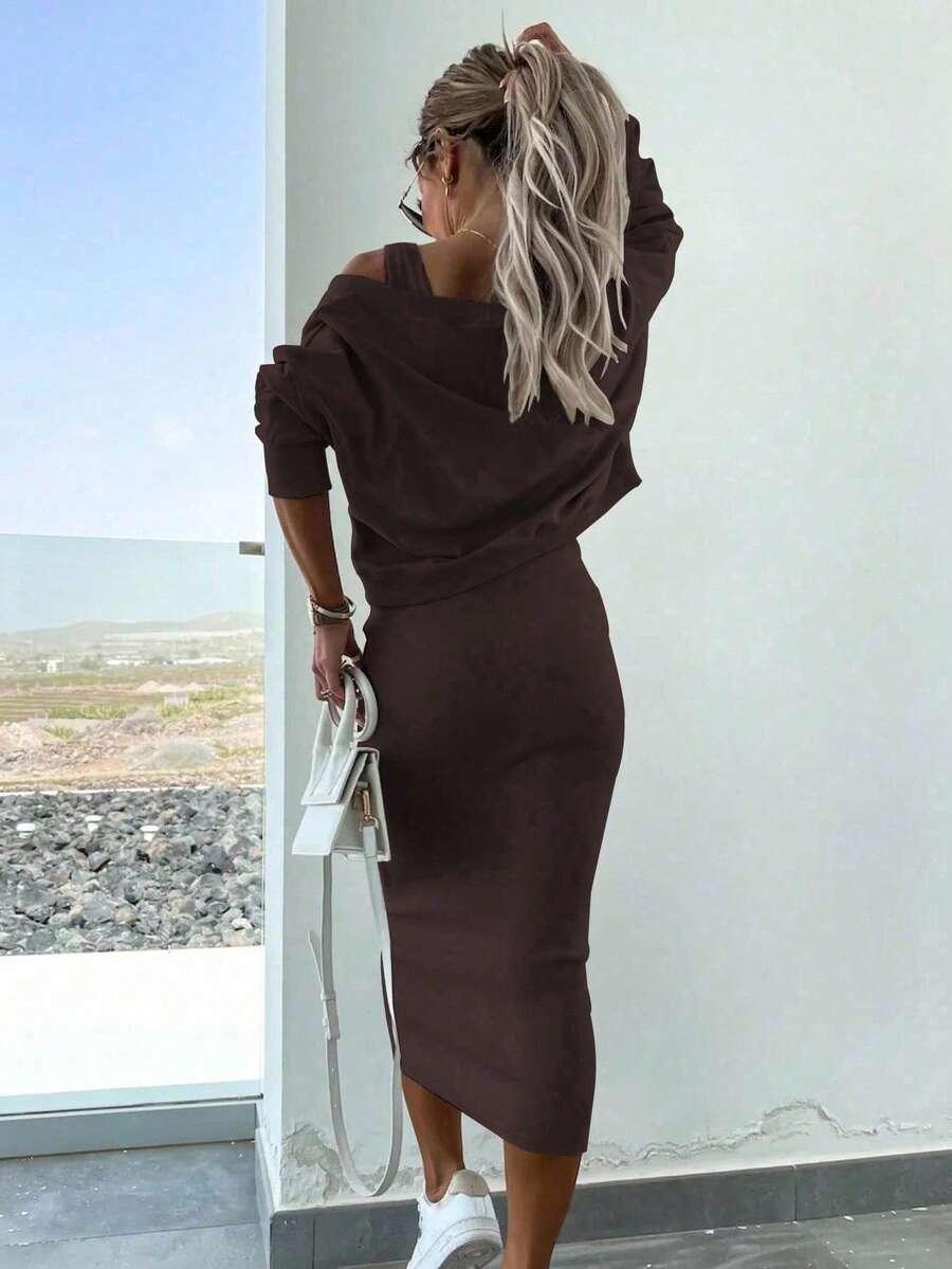 BRĄZOWA MIDI SUKIENKA V-NECK 