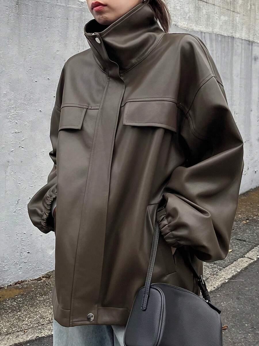 brązowa kurtka oversize imitacja skóry