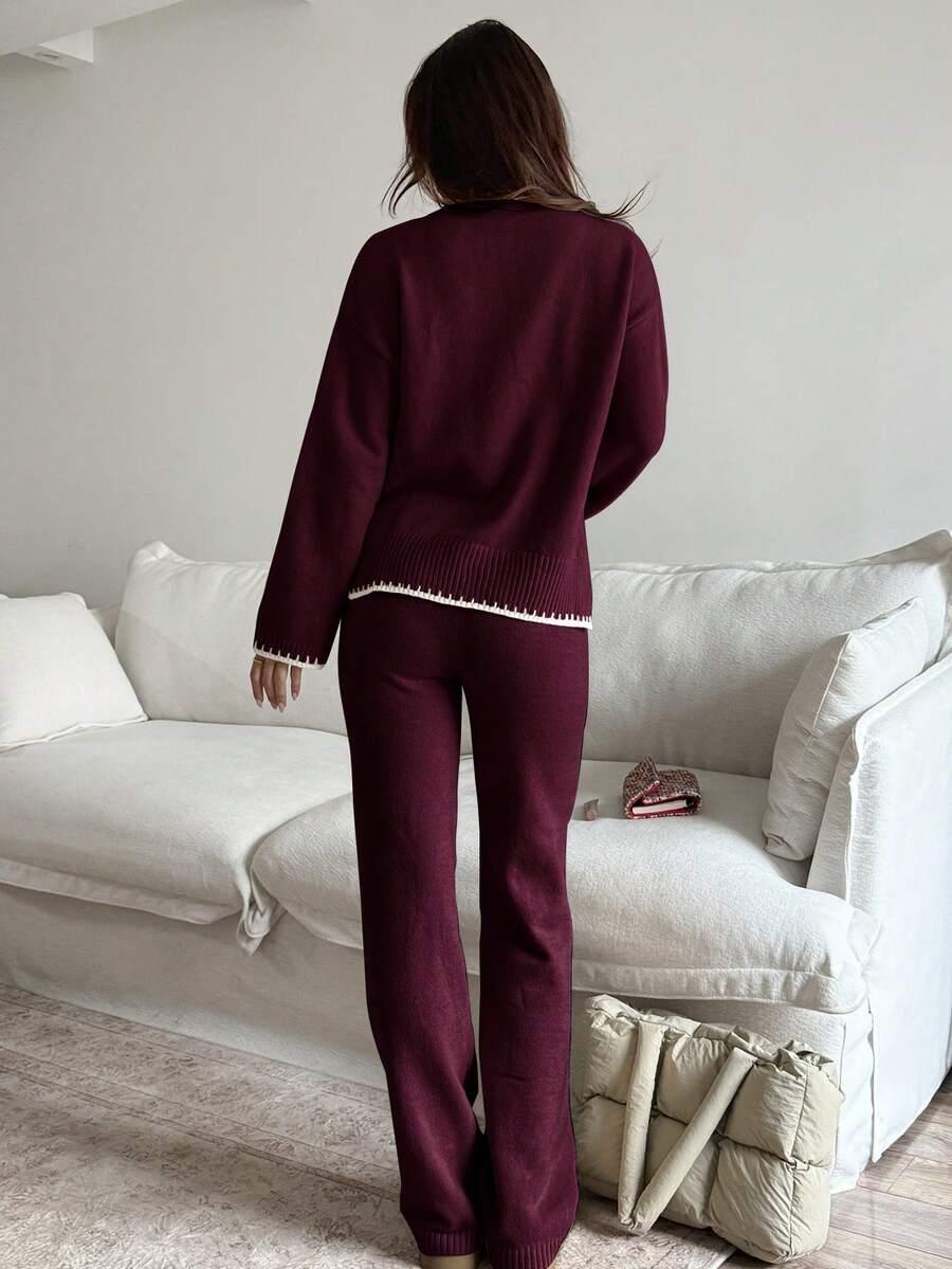 bordowy komplet sweter spodnie