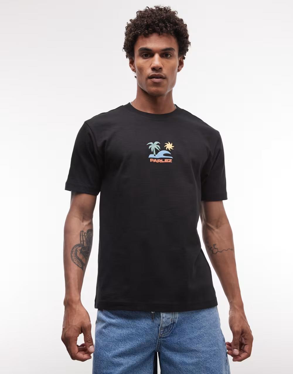 CZARNY T-SHIRT Z OKRĄGŁYM DEKOLTEM NADRUK