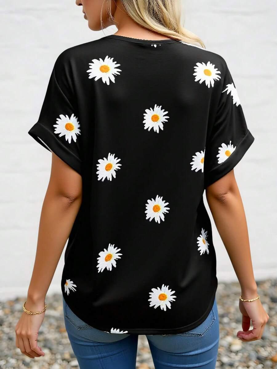 T-SHIRT DAMSKI KWIATY DEKOLT V