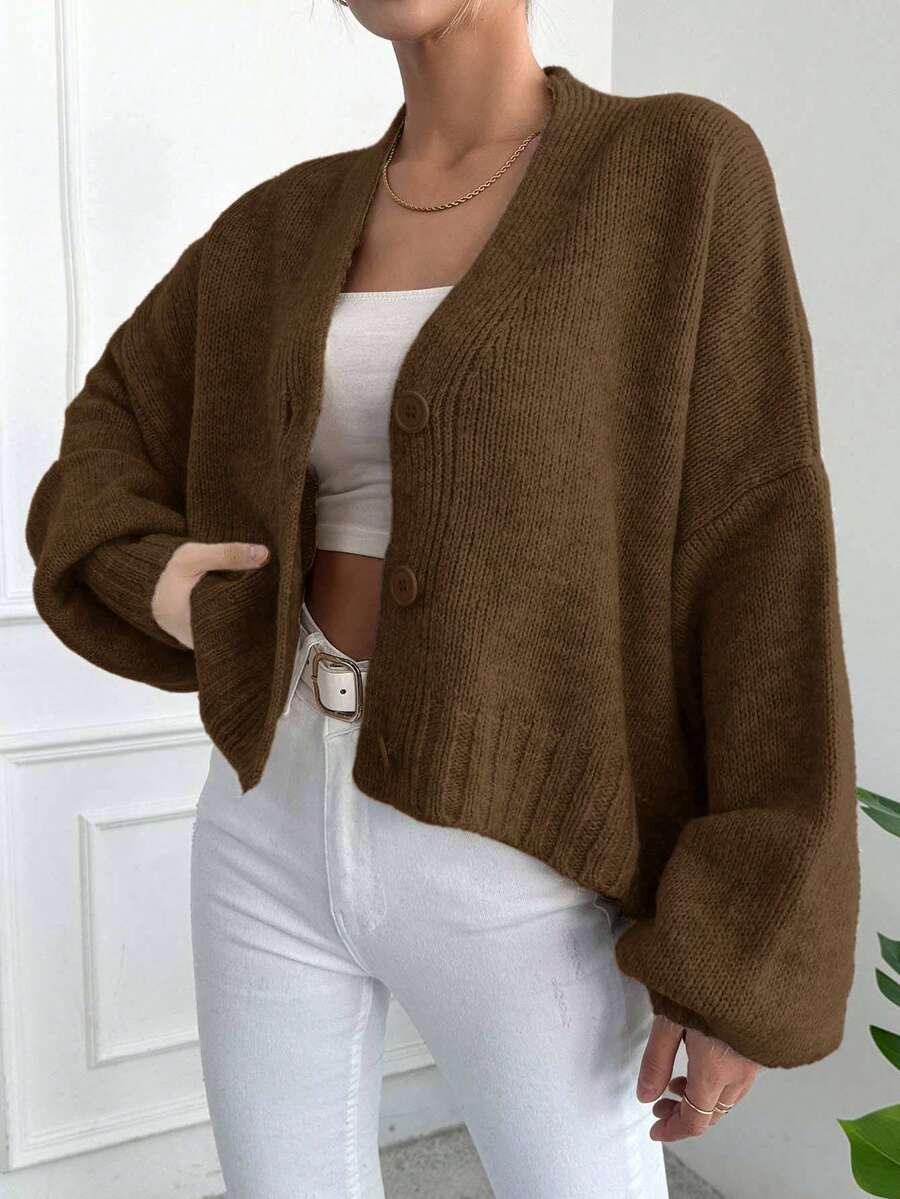 BRĄZOWY LUŹNY SWETER GUZIKI