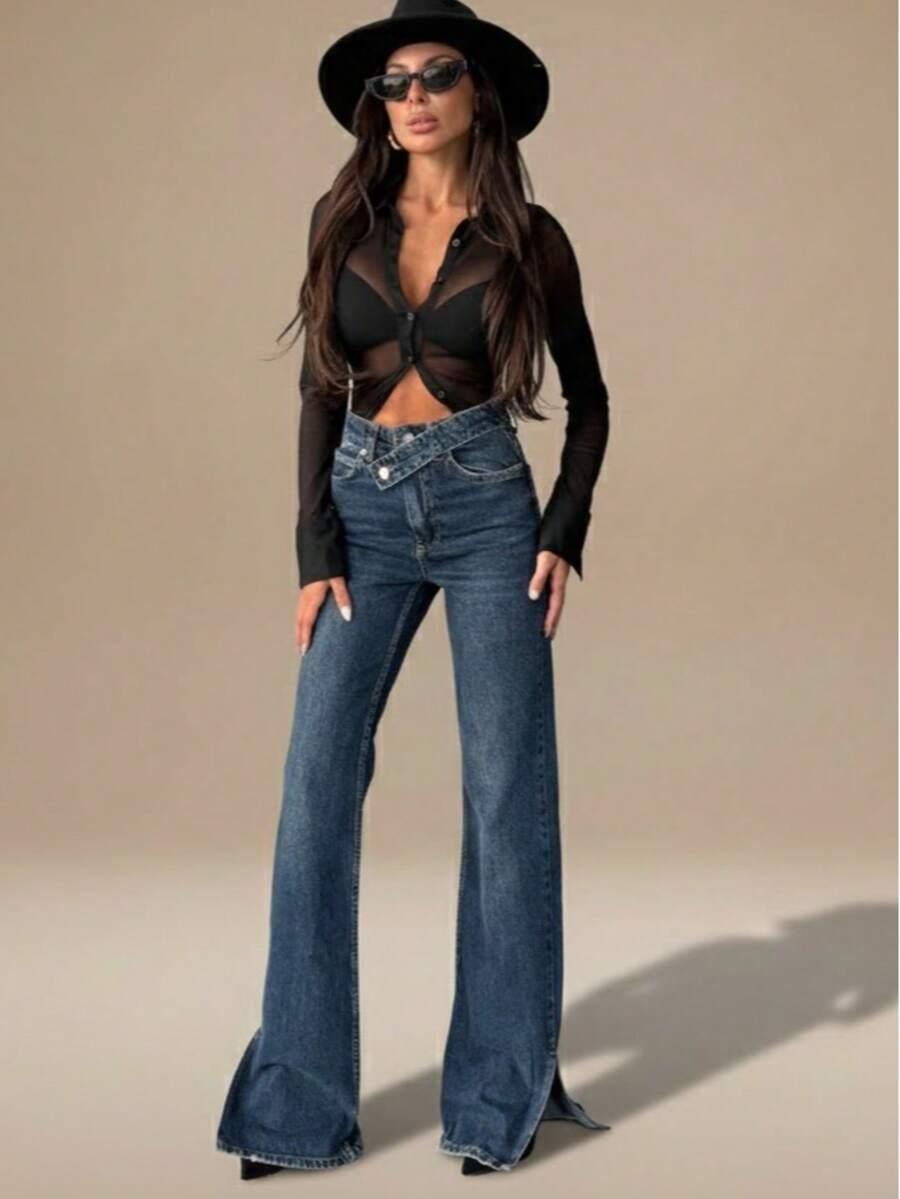 spodnie jeans rozcięcie asymetria