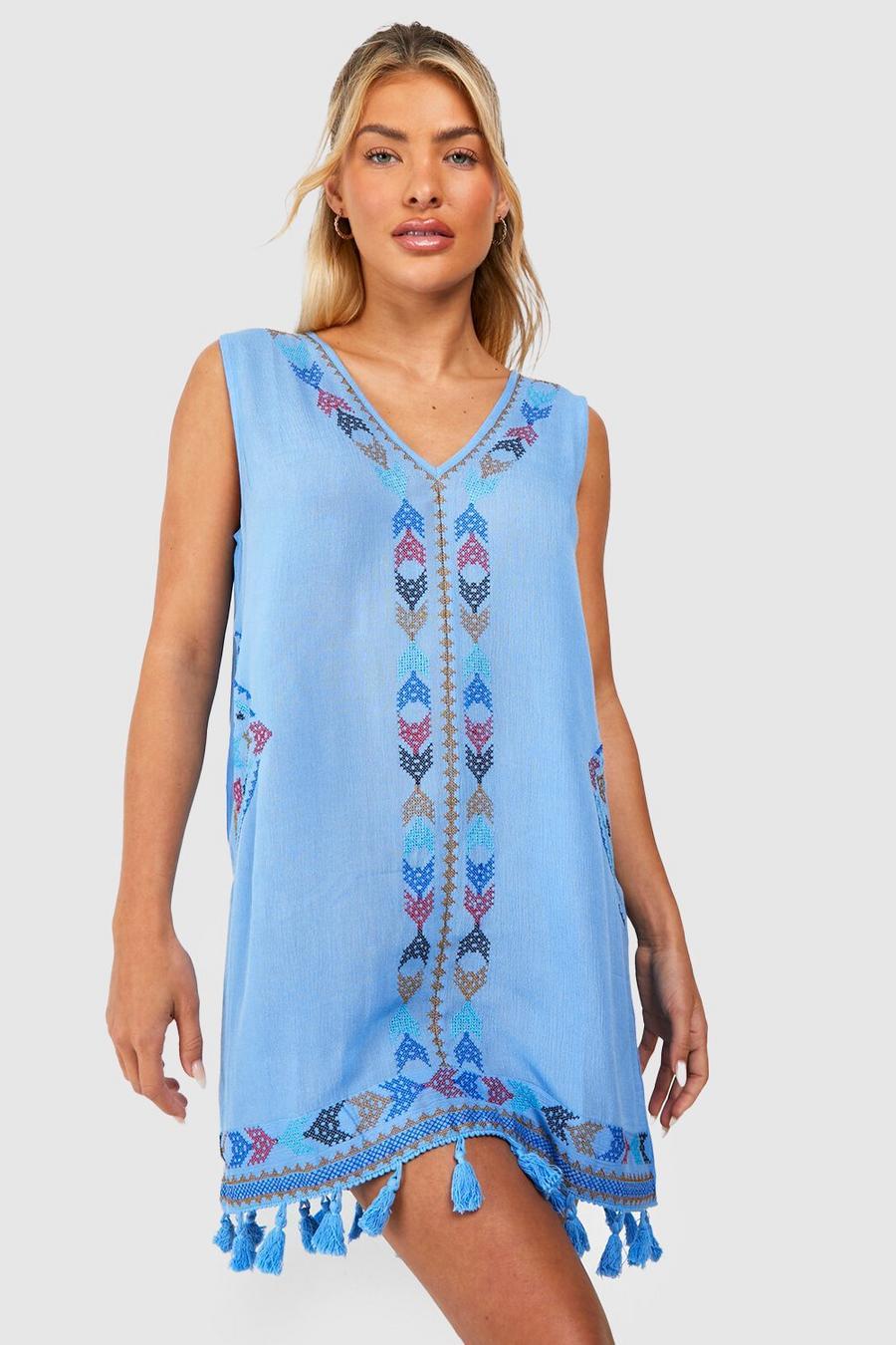 NIEBIESKA SUKIENKA PLAŻOWA V-NECK FRĘDZLE