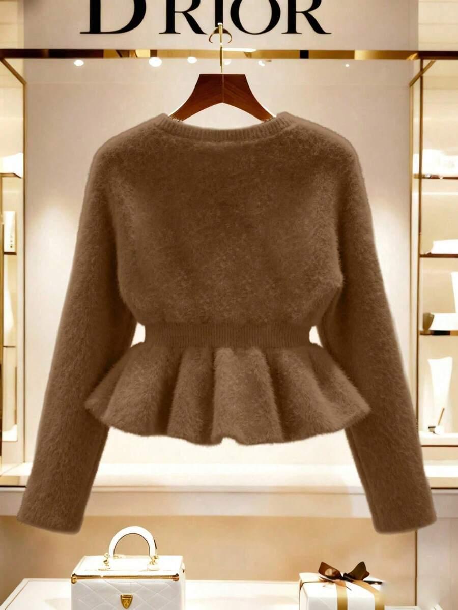 BRĄZOWY SWETER OKRĄGŁY DEKOLT 