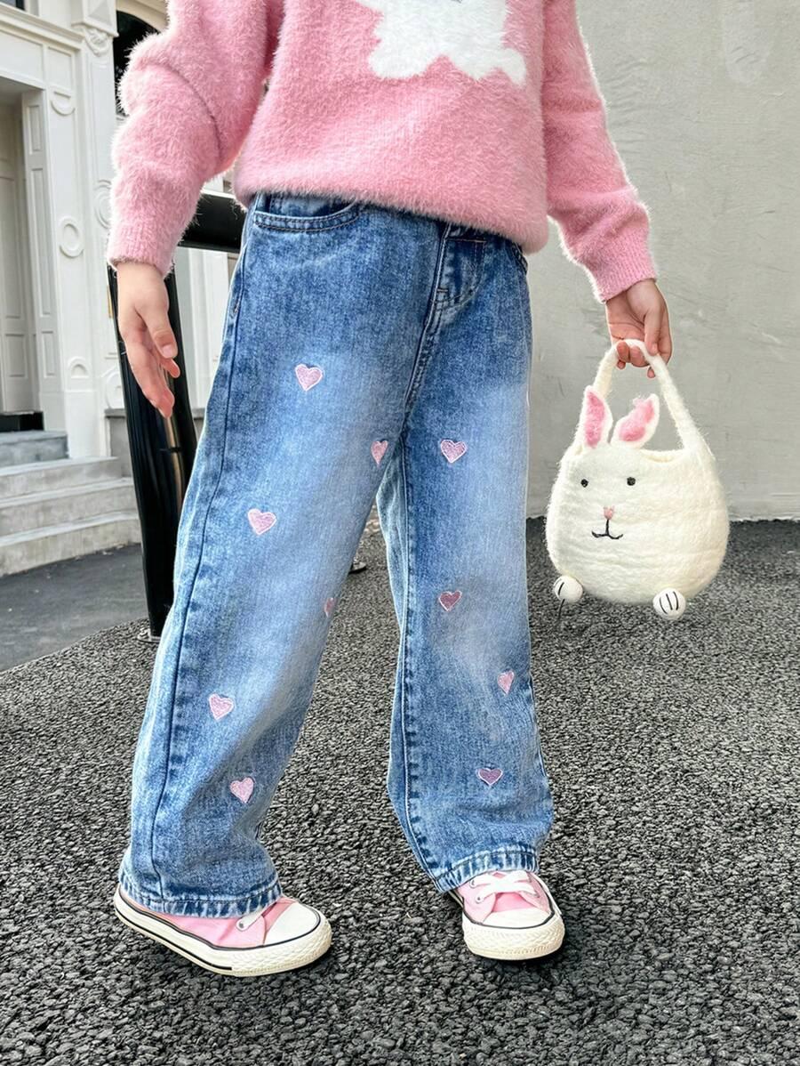 niebieskie spodnie jeans haft serca