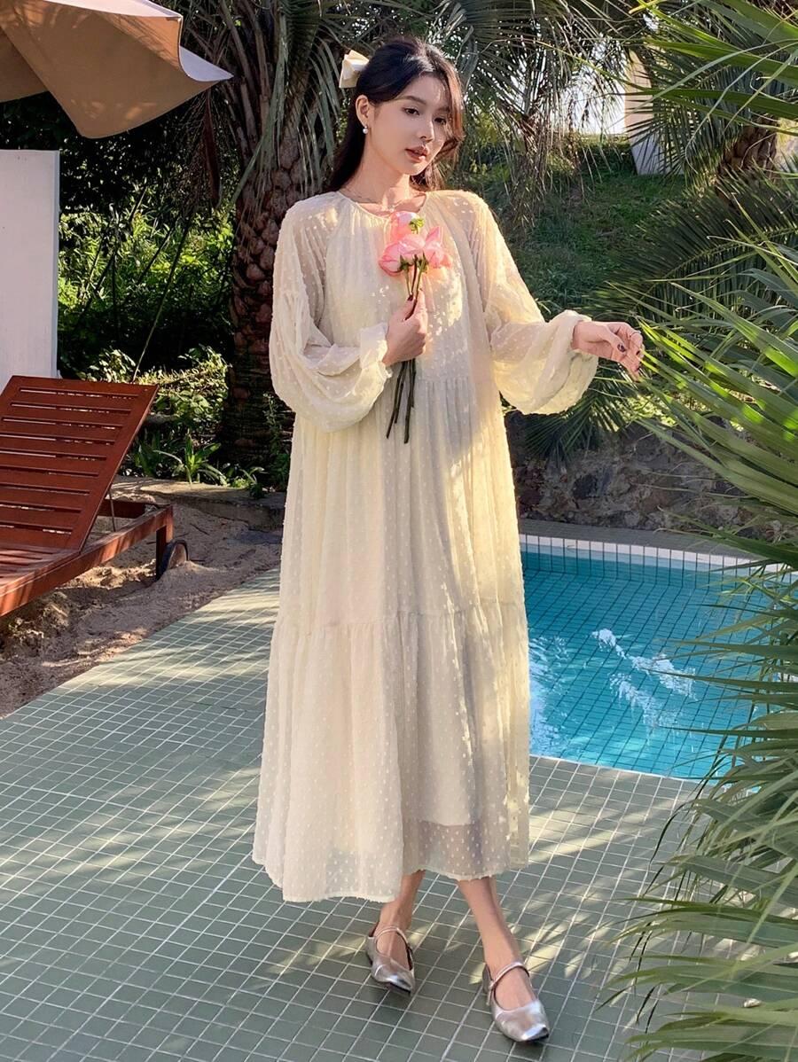 BOHO MIDI SUKIENKA Z WIĄZANYM DEKOLTEM I DŁUGIM RĘKAWEM