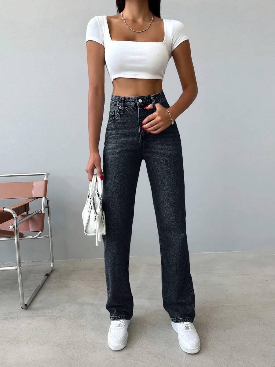 czarne spodnie jeans wysoki stan