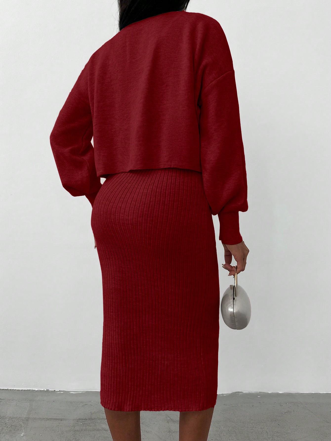 bordowy dzianinowy komplet sukienka sweter