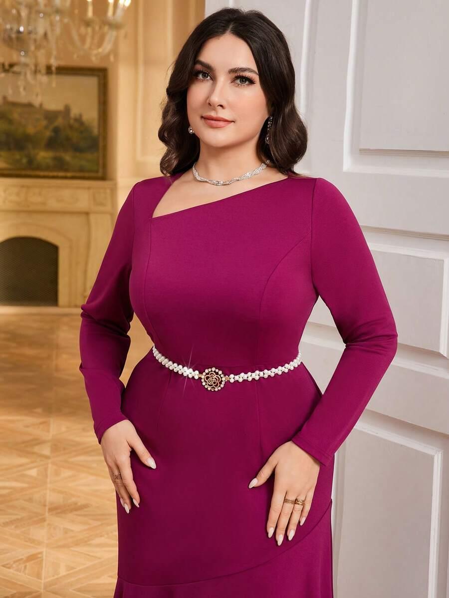 SUKIENKA MAXI GLAMOUR ASYMETRYCZNY DEKOLT DŁUGI RĘKAW