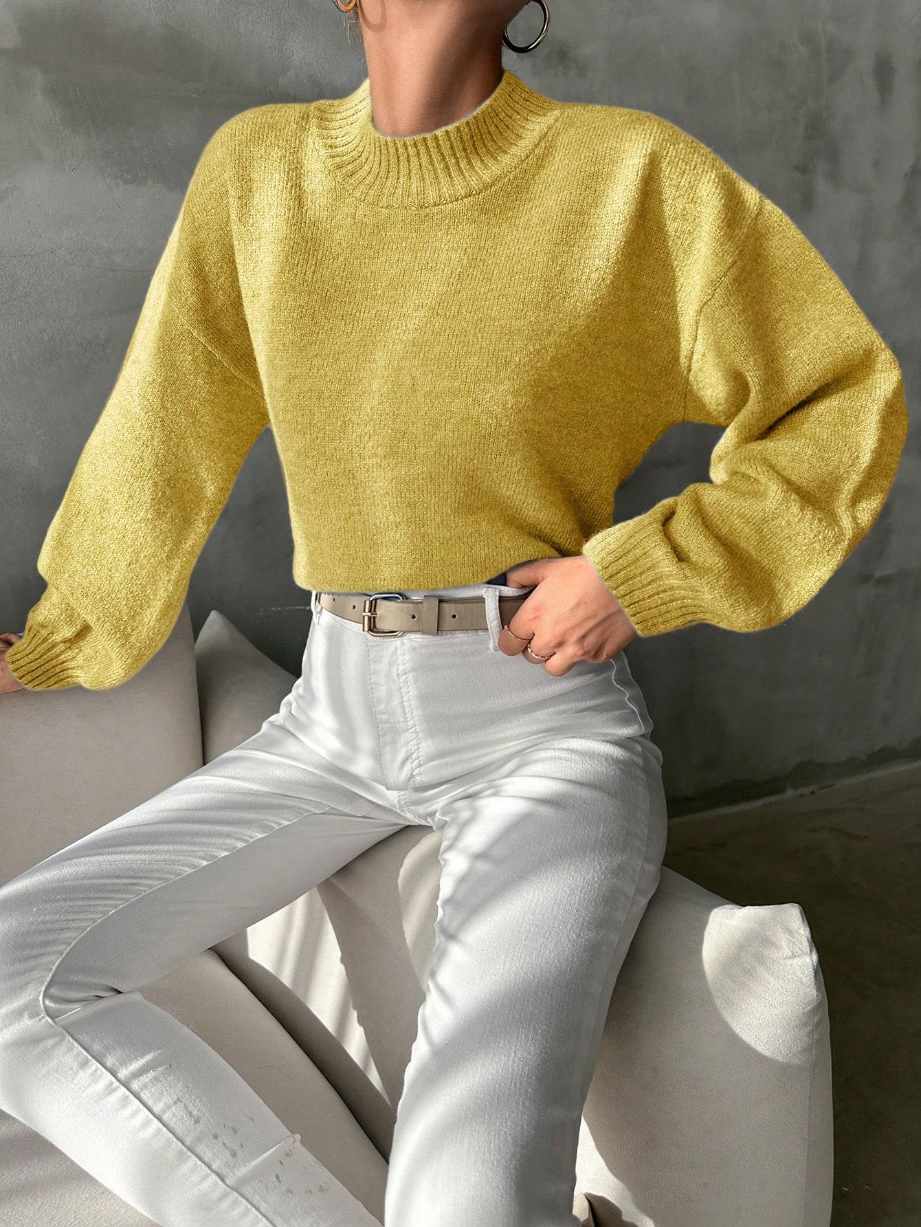 klasyczny gładki żółty sweter stójka dzianina długi rękaw