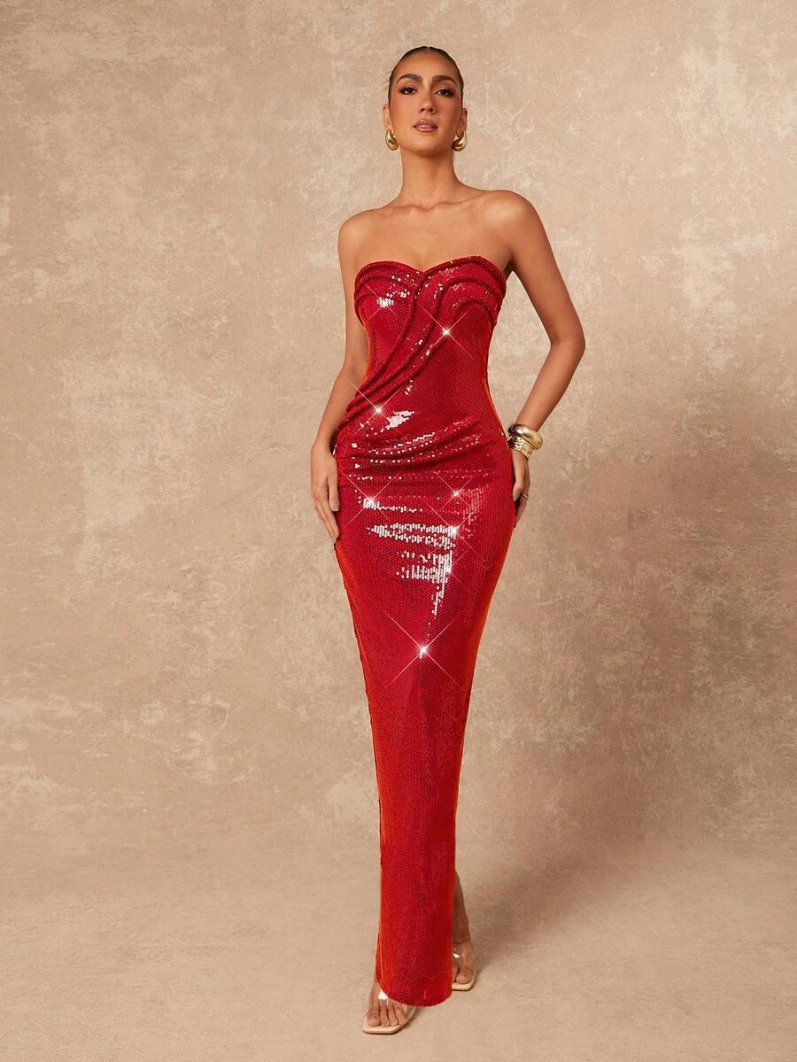 czerwona maxi sukienka cekiny