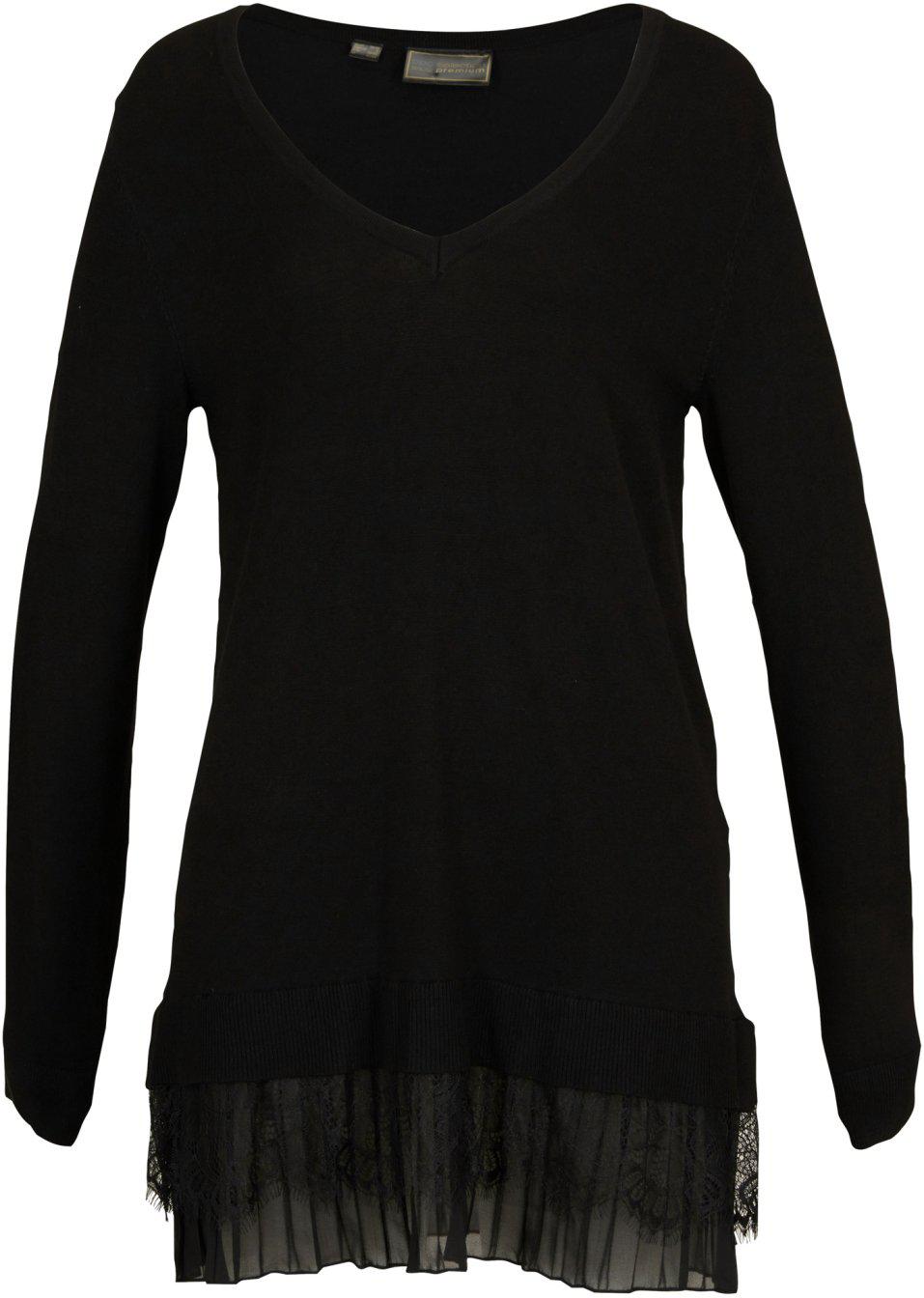 SWETER DAMSKI Z KORONKĄ I PLISOWANĄ WSTAWKĄ