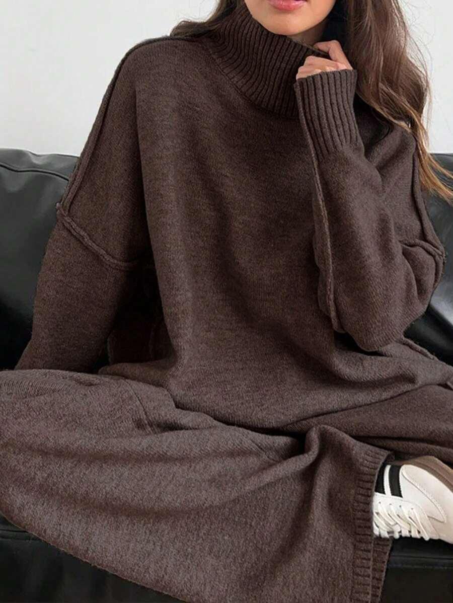 BRĄZOWY KOMPLET SWETER SPODNIE 