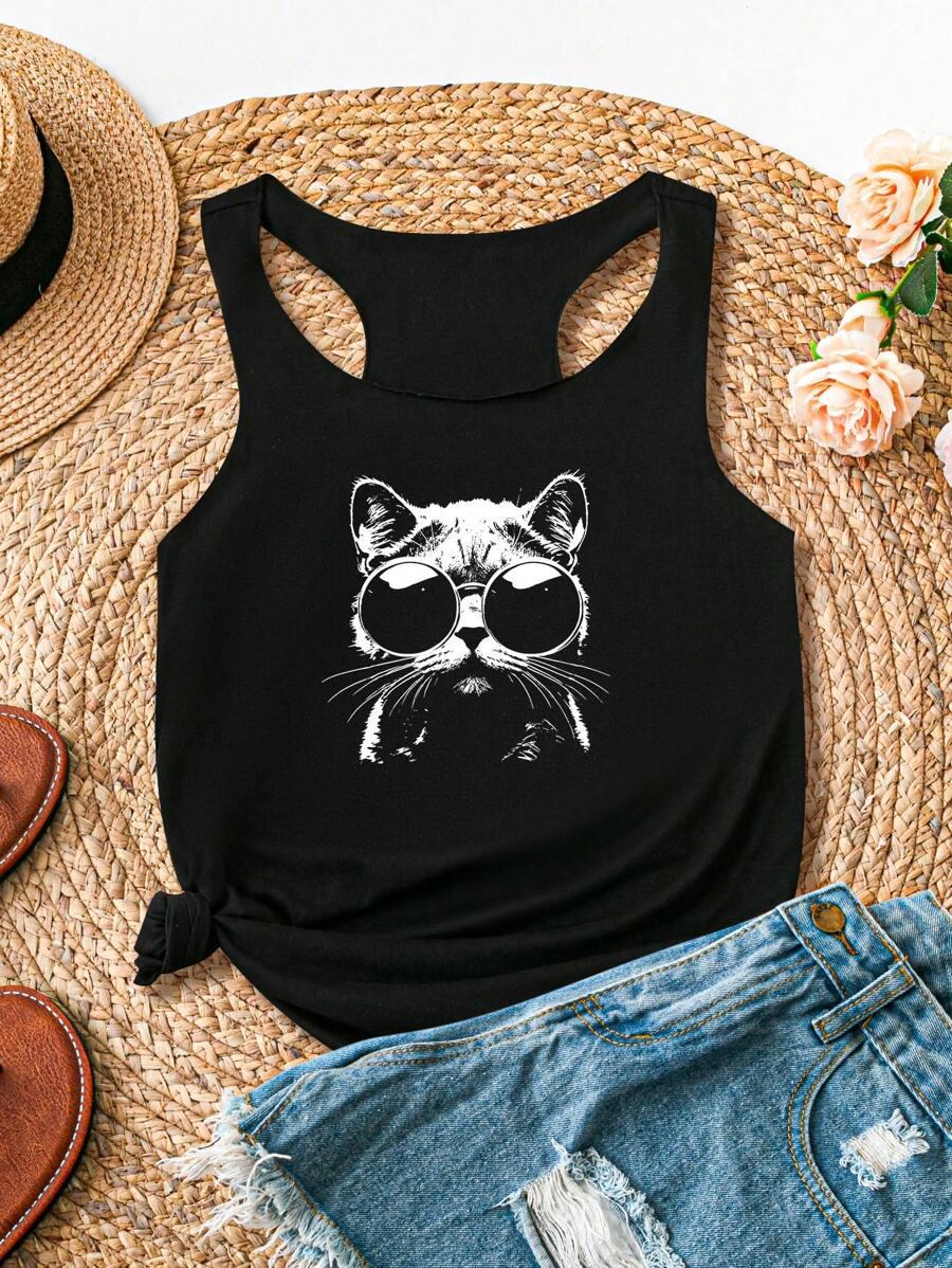 CZARNY TOP PRINT KOT