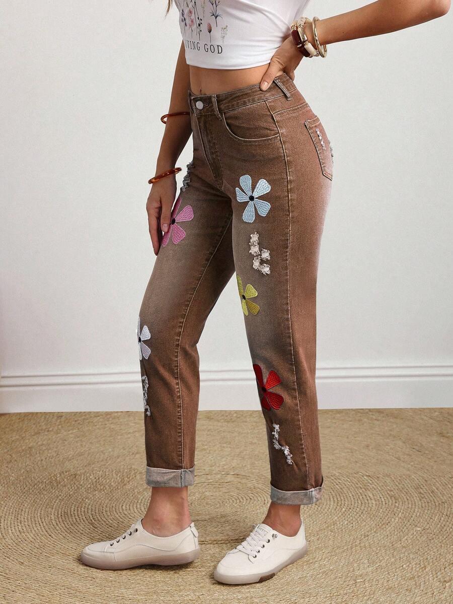 BRĄZOWE SPODNIE JEANS HAFT