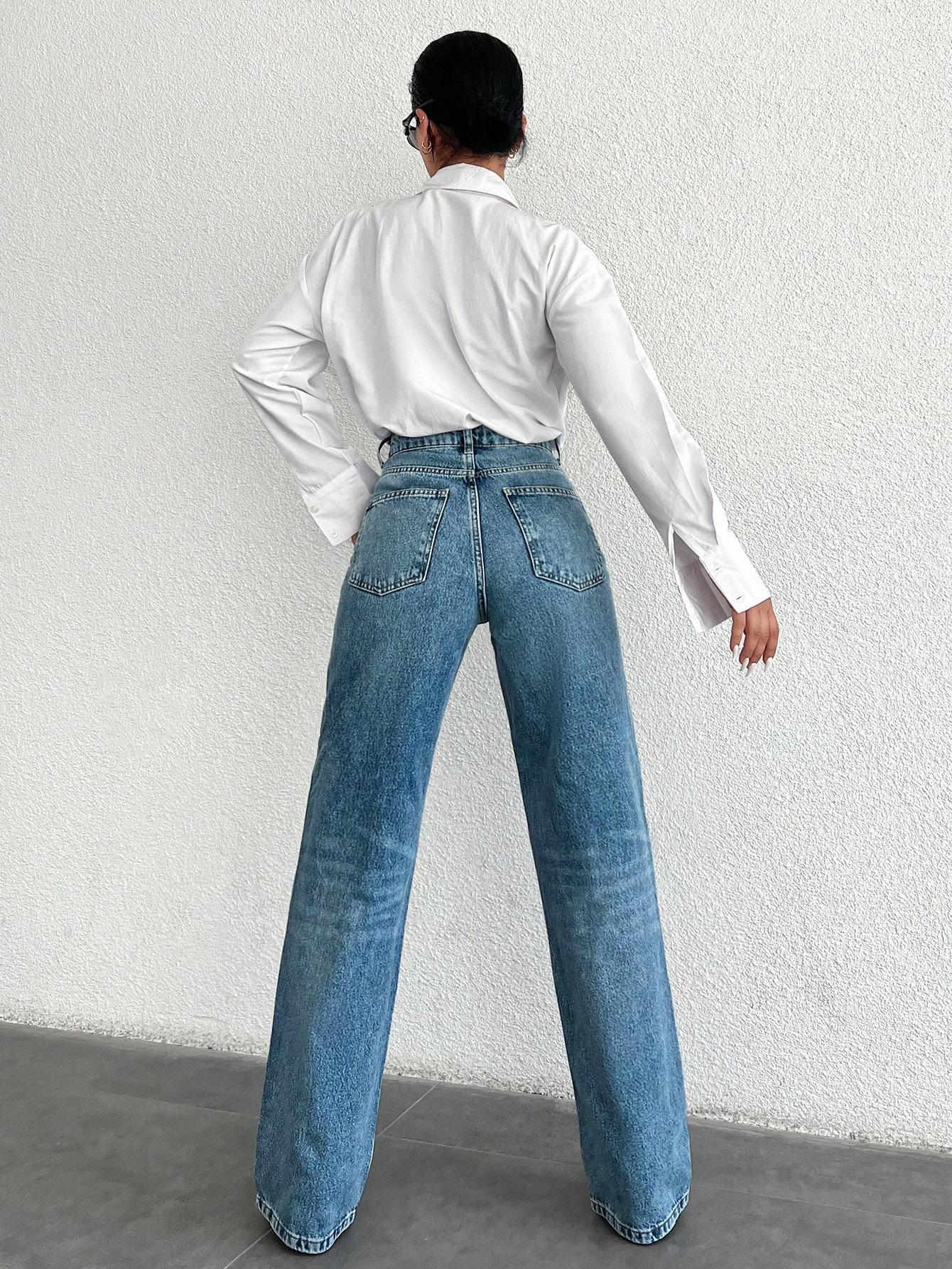 SPODNIE JEANS wysoki stan proste nogawki