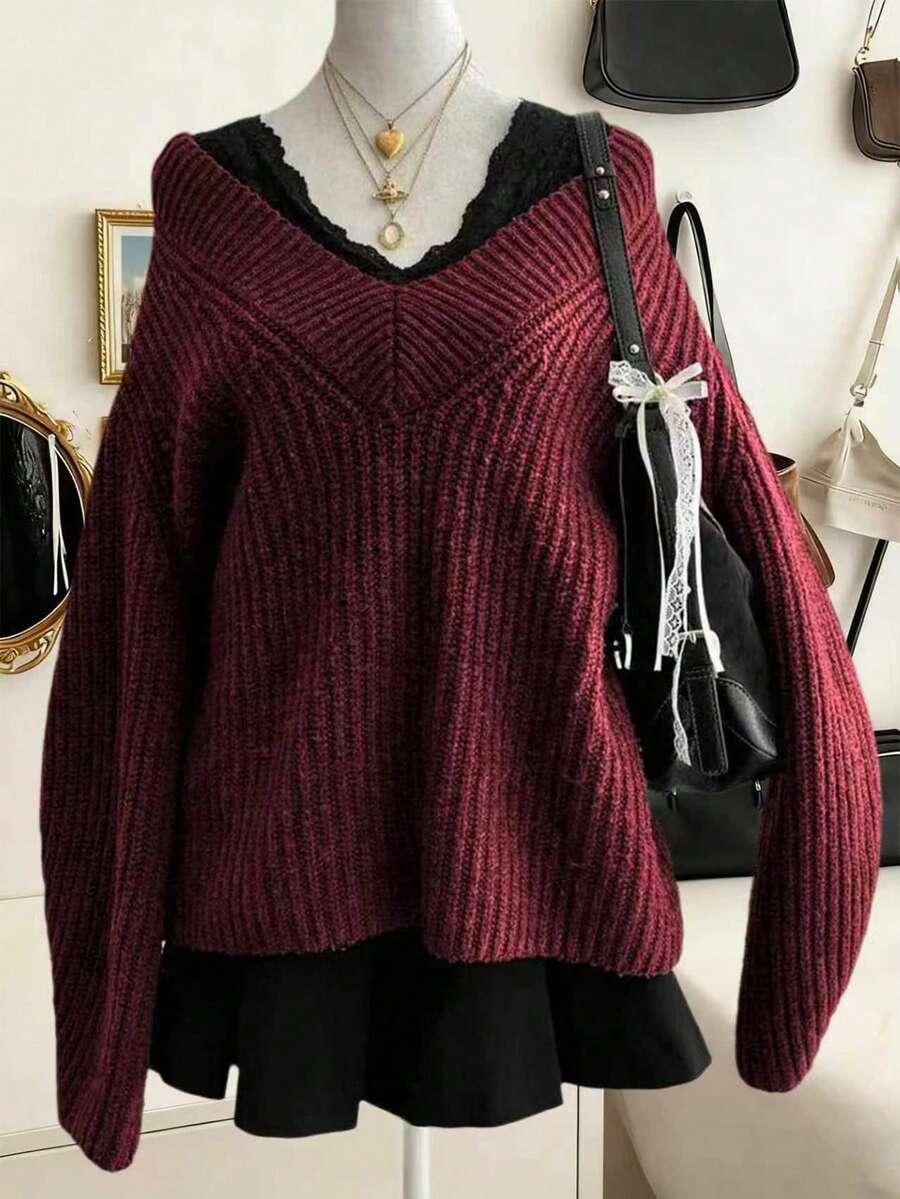 CZERWONY SWETER V-NECK