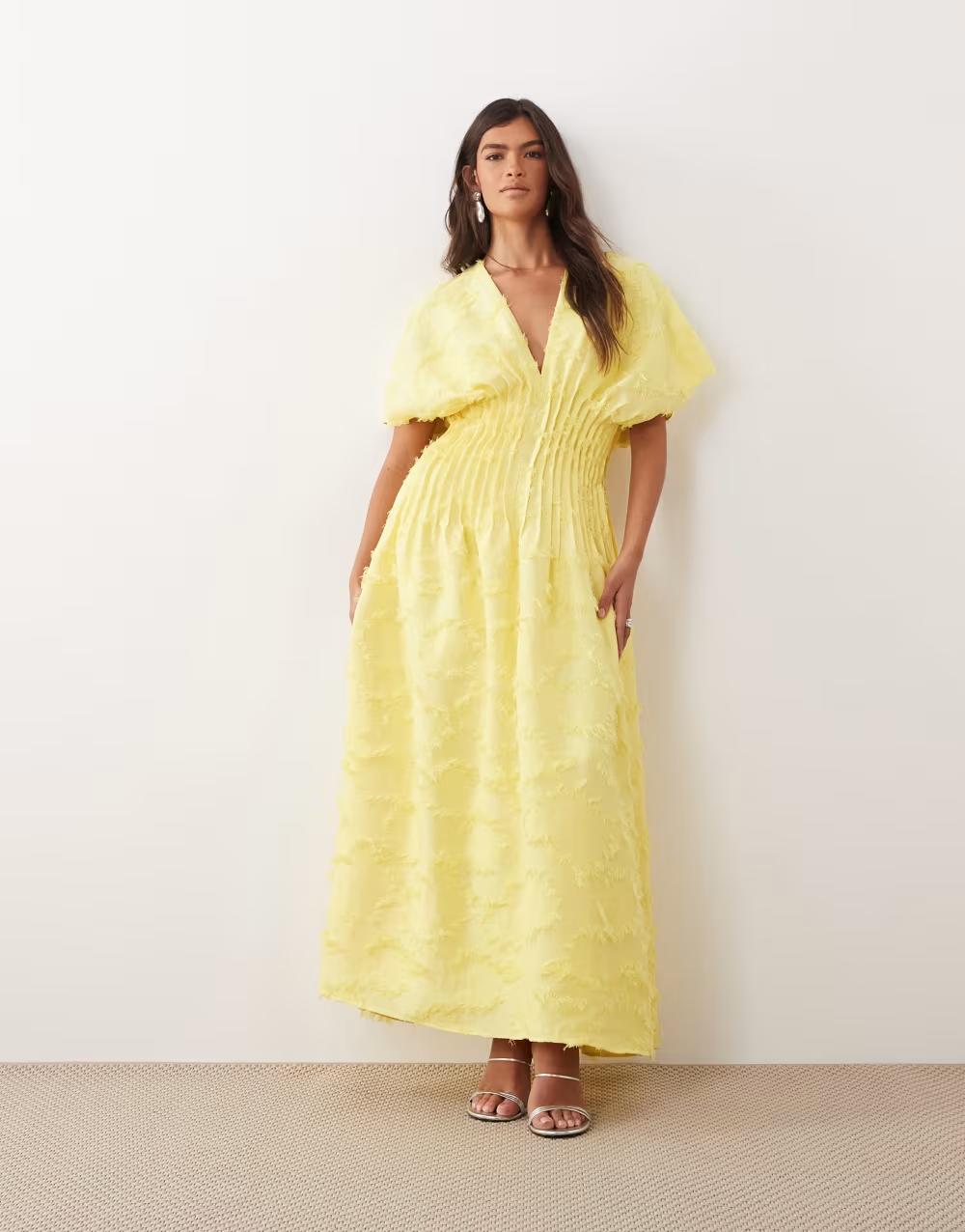 żółta maxi sukienka v-neck tekstura
