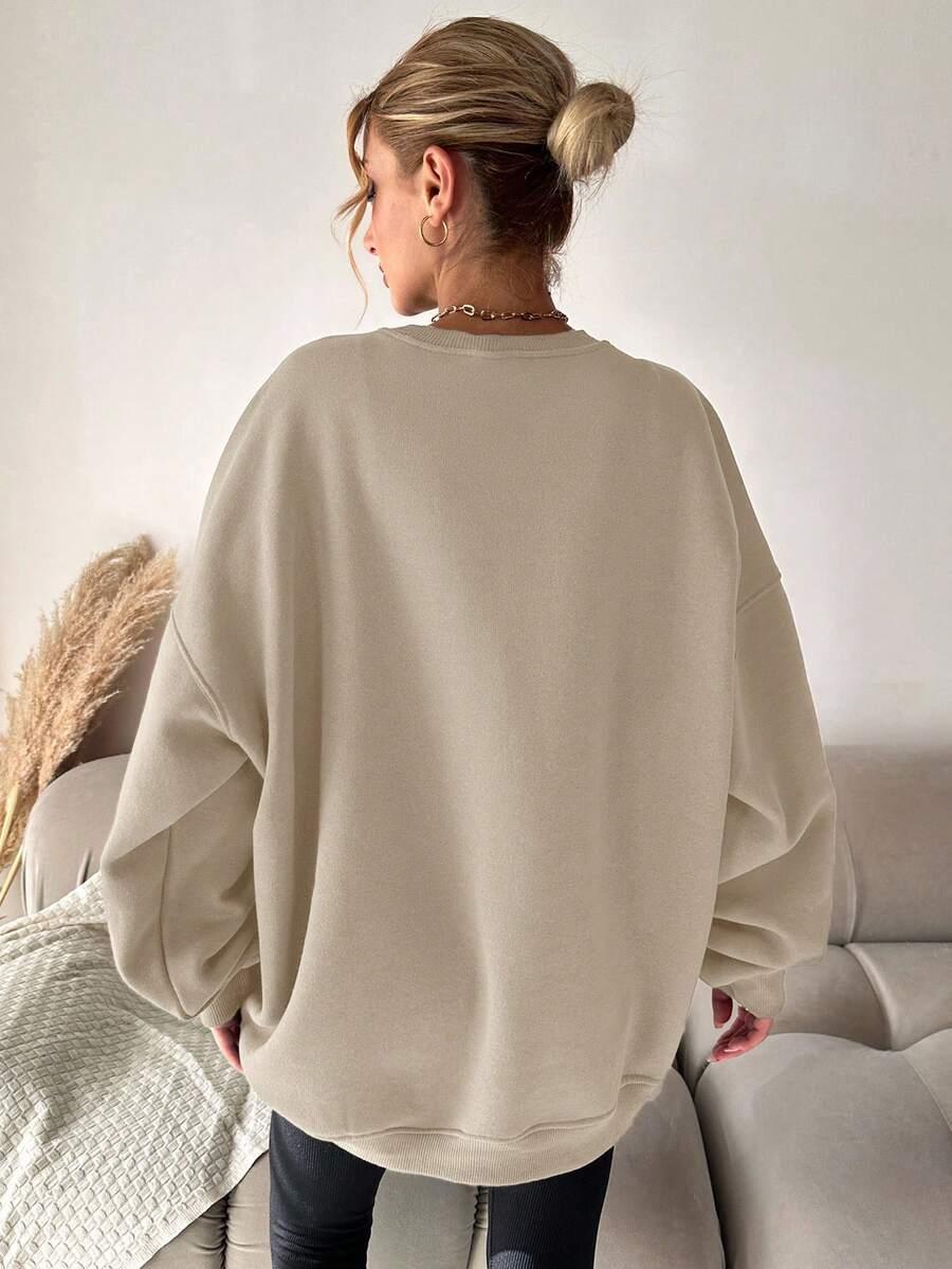 BEŻOWA BLUZA OKRĄGŁY DEKOLT NADRUK