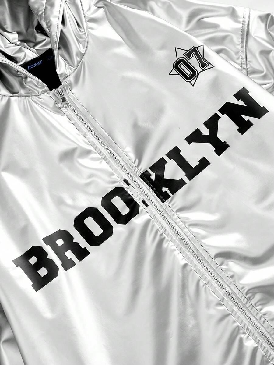 srebrna kurtka z kapturem napis brooklyn