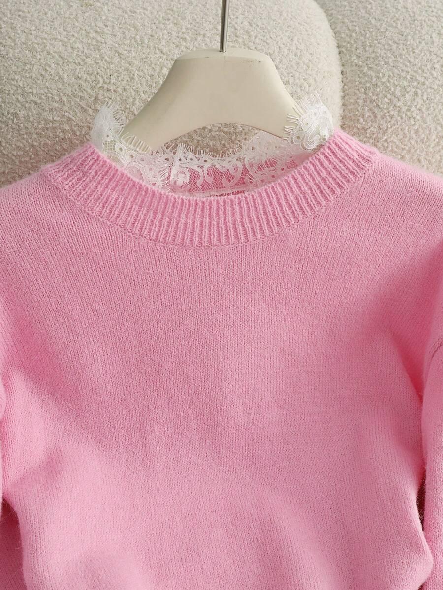 różowy sweter koronka 