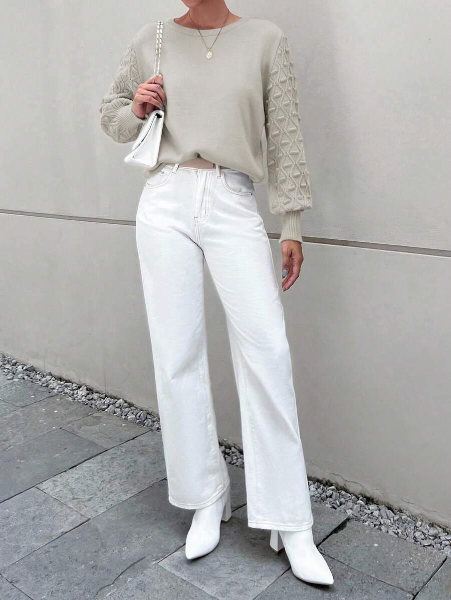 BEŻOWY SWETER OKRĄGŁY DEKOLT