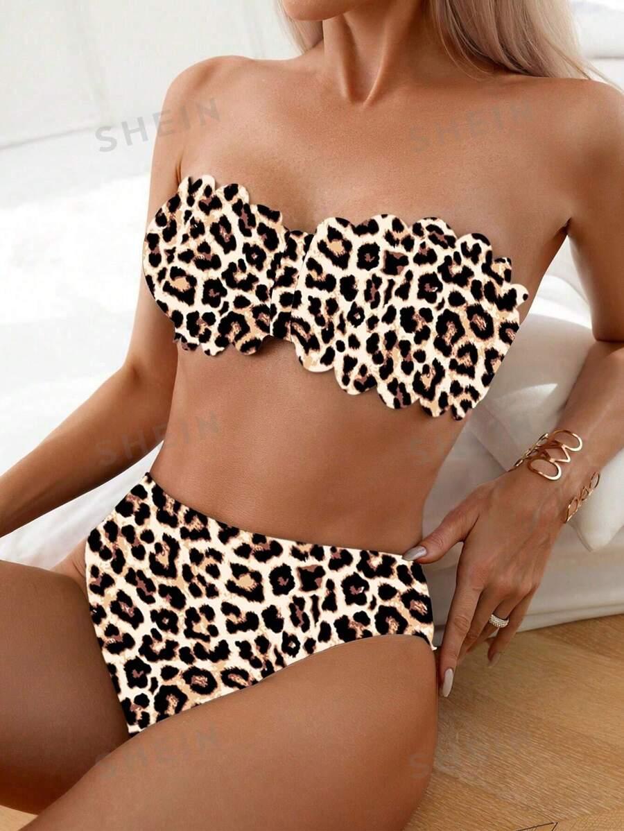 STRÓJ KĄPIELOWY KOMPLET ANIMAL PRINT BANDEAU FALBANKI