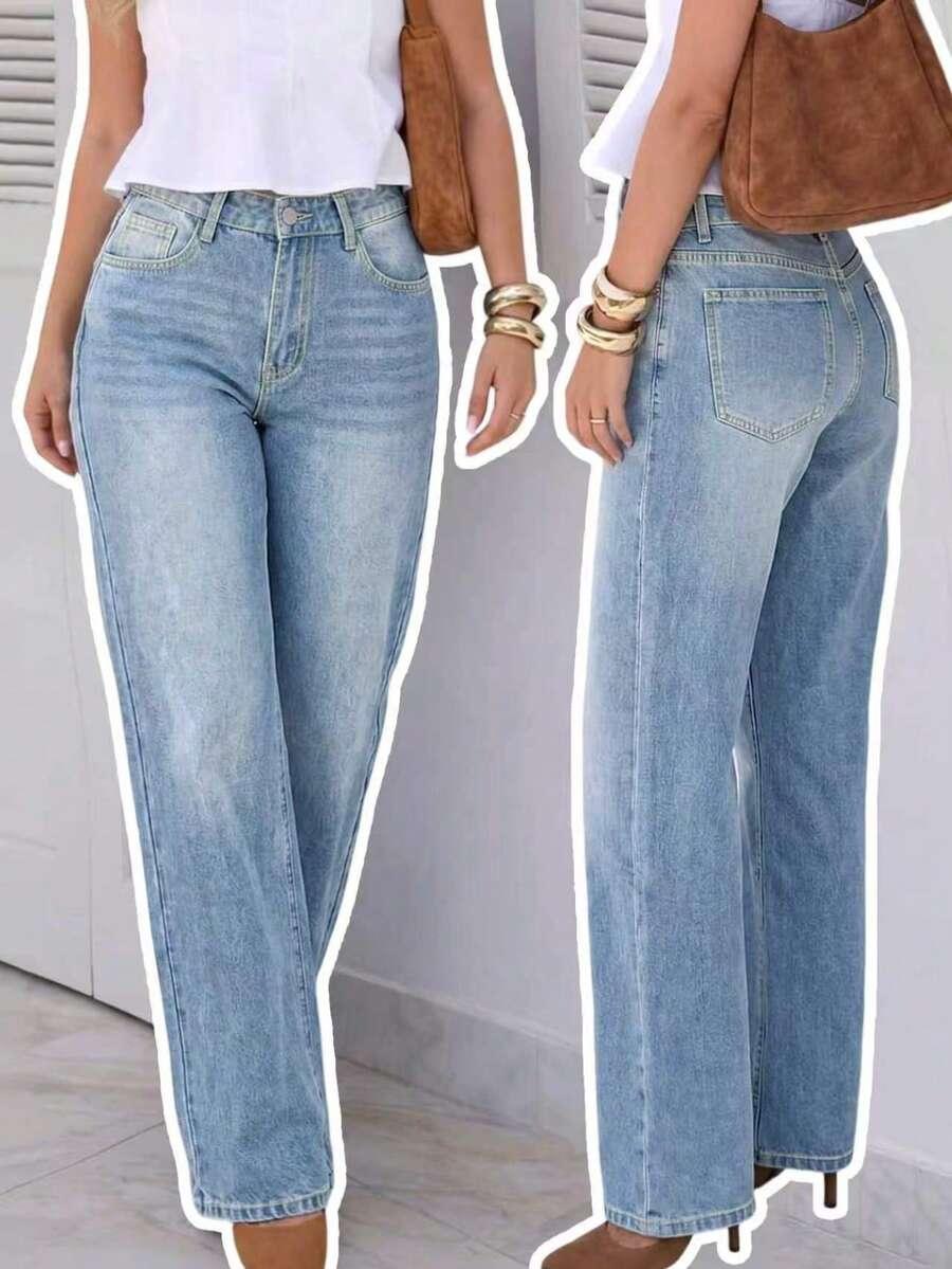niebieskie proste spodnie jeans