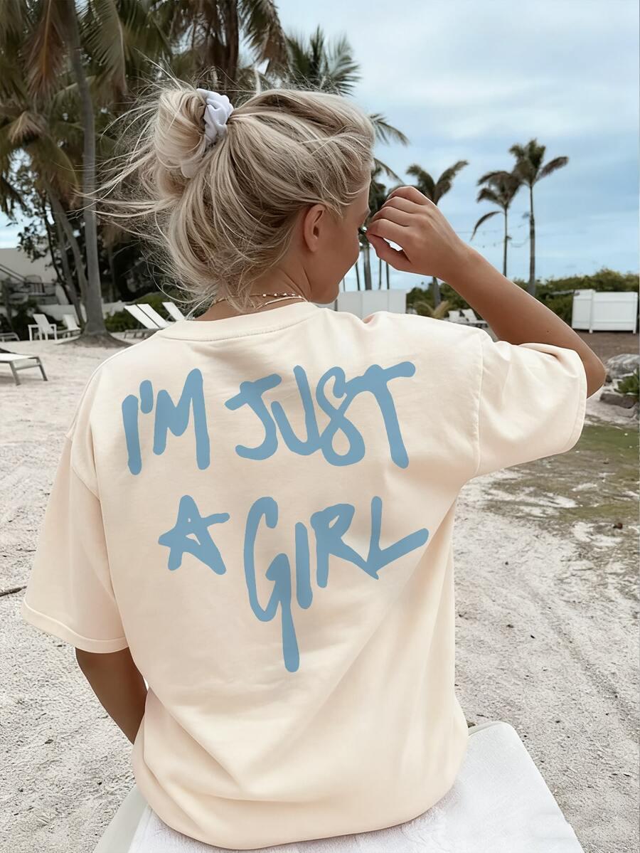 BEŻOWY T-SHIRT NAPIS I'm Just Girl