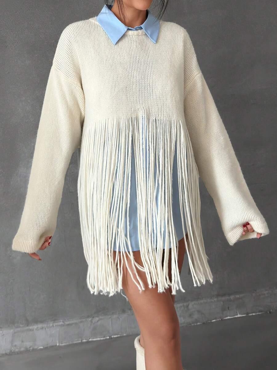 SWETER OKRĄGŁY DEKOLT FRĘDZLE