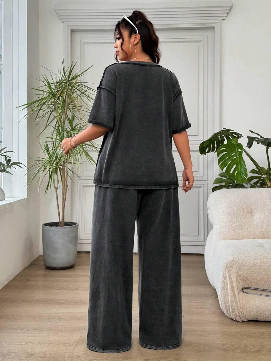 CZARNY KOMPLET T-SHIRT SPODNIE EFEKT WASH