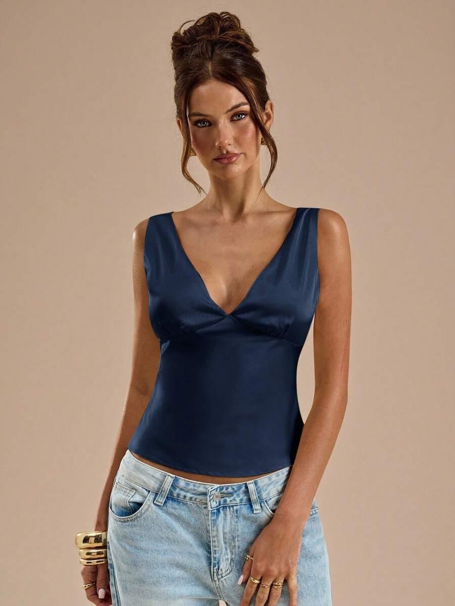 GRANATOWY SATYNOWY TOP
